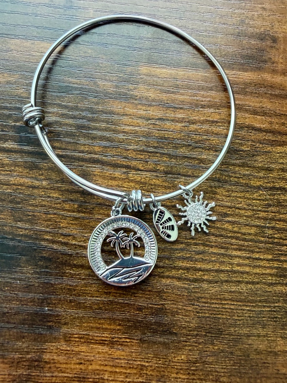 Silver Sun & Palm Tree Charm Bangle Bracelet